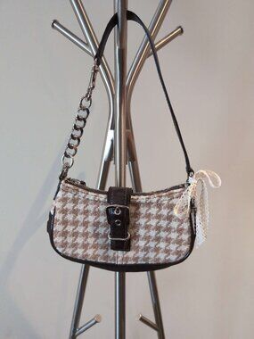 Vintage Coach Wool Leather Brown Houndstooth Buckle Demi Shoulder Bag 8J96